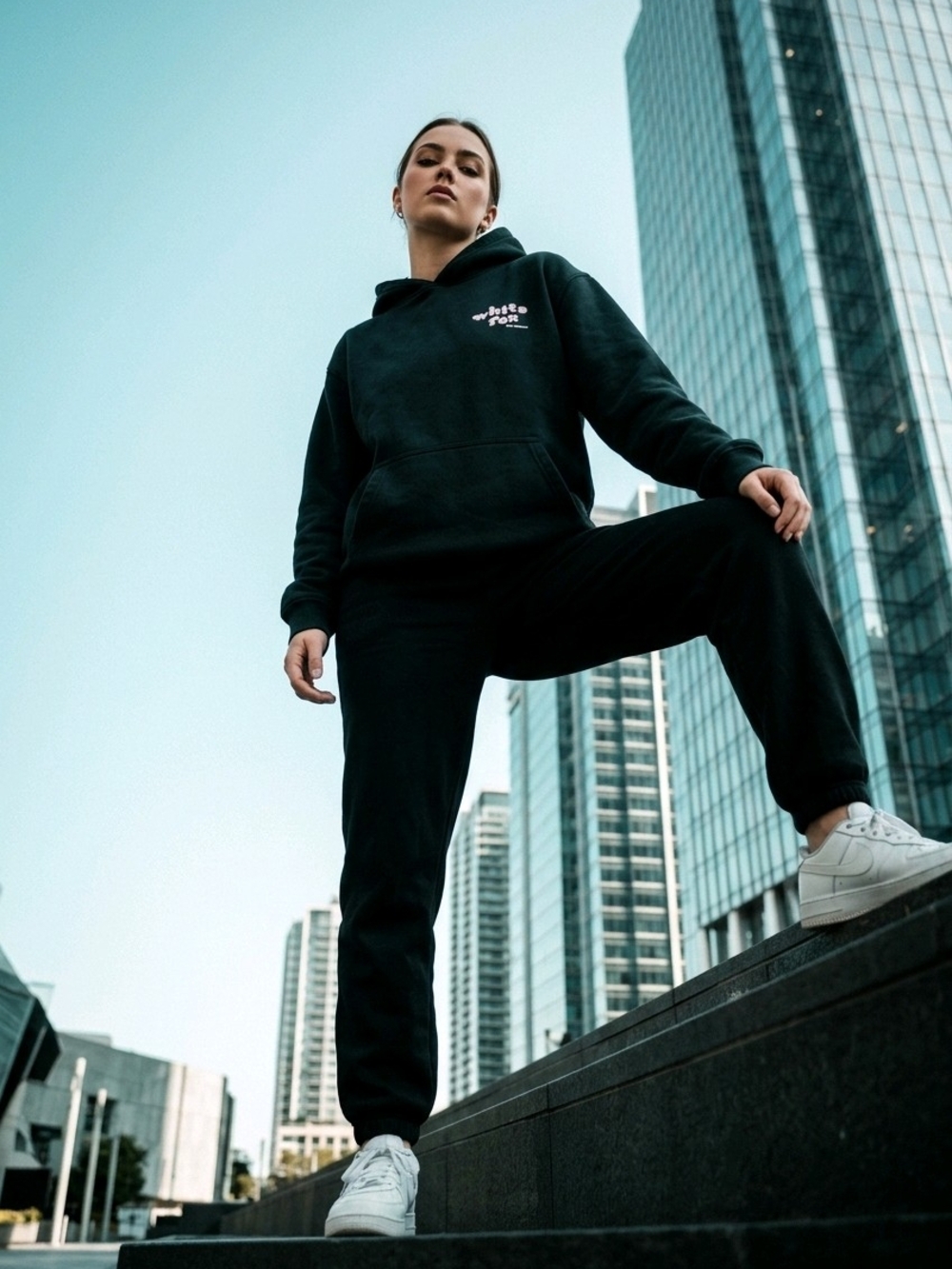 White Fox Women's Black Pullover Hoodie - Minimal Logo Comfort
